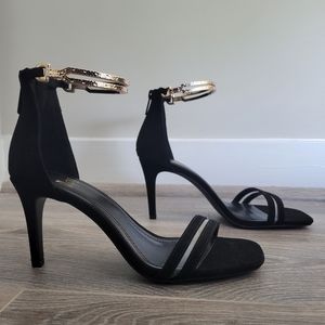 Impo Black Velvety Open Toe Stiletto Heels with Gold Ankle Size 7.5